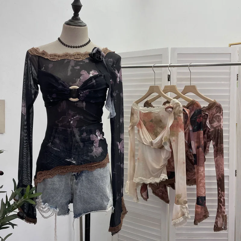 Churchf Real Shooting Lace Splicing Oblique Shoulder Thin Tie-Dye Mesh T-Shirt Girl T-Shirt T-Shirt Shawl T-Shirt 9986