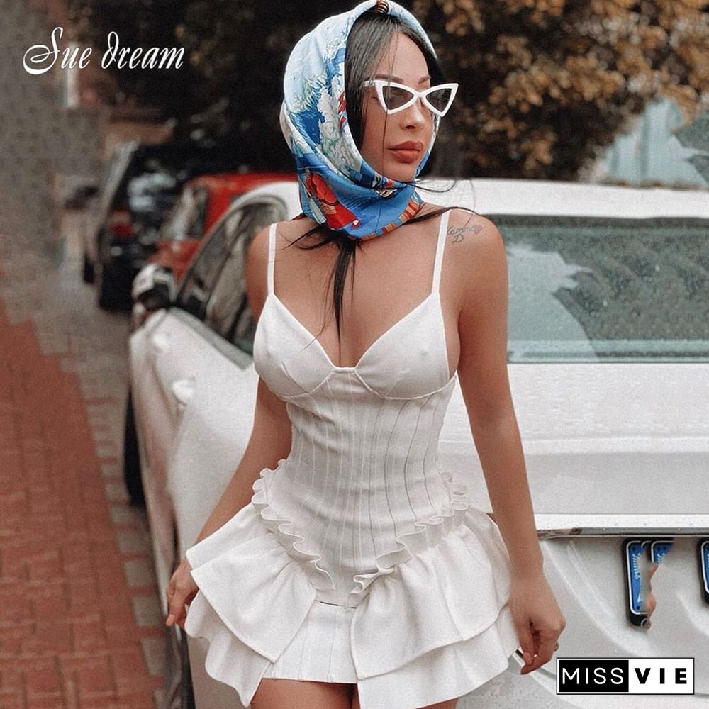 Summer New Women'S White Mini Dress Sexy Spaghetti Strap V-Neck Draped Bandage Dress Bodycon Club Party Dress Vestidos