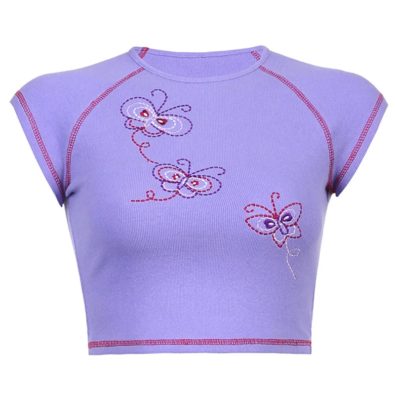 Summer Women's Casual Round Collar T-shirt Creative Embroidery Short Sleeve Midriff-baring Tops Slim Base Shirt
