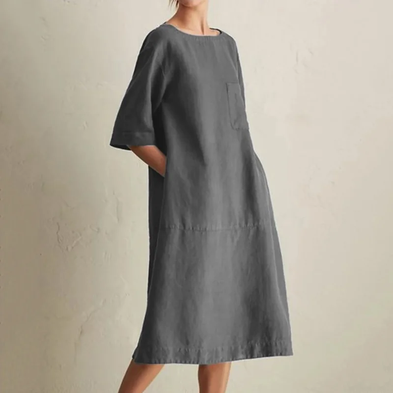 Vintage Plain Pocket Round Neck Short Sleeve Midi Dress