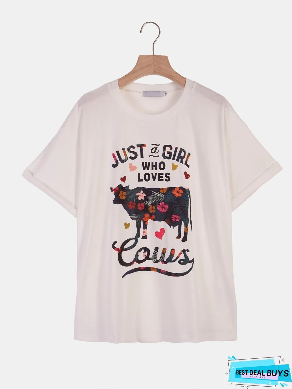 Casual plus size loose summer cow flower pattern printed short sleeve round neck T-shirt