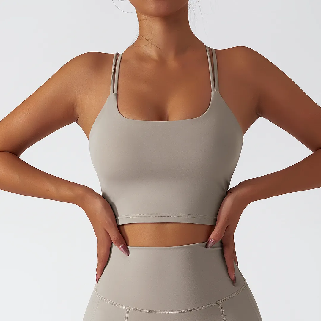 Hergymclothing Camel Brown environmentally friendly recycled fabric 4 way stretch ethically made naked feel high support cross back sports bra online shopping