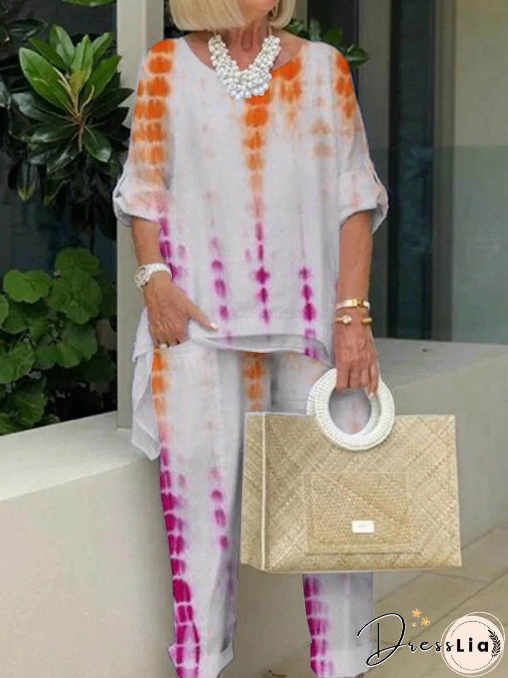 Orange And Purple Pattern Printed Top And Pants Set