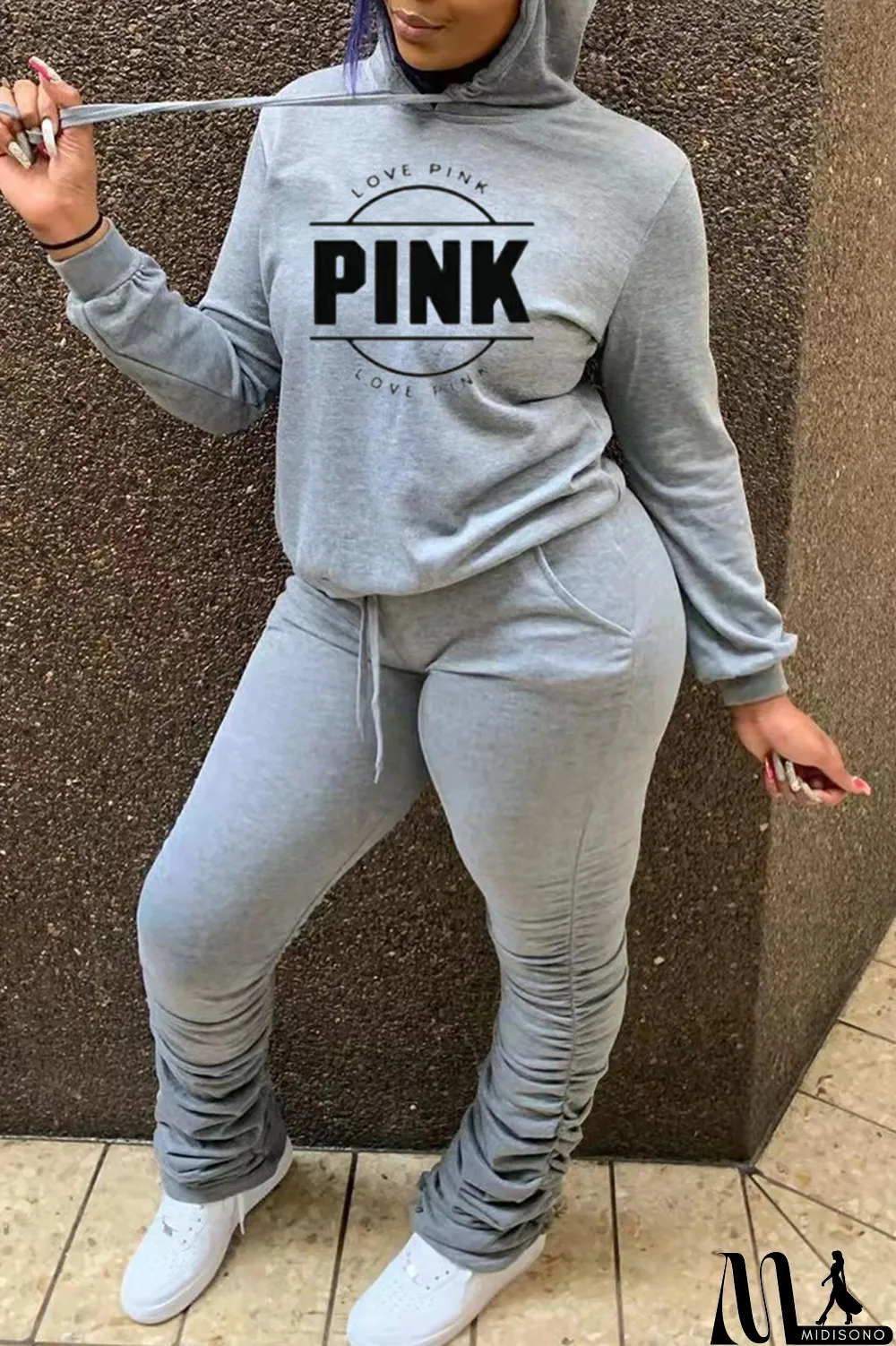 MidiSono - Red Fashion Casual Letter Print Fold Hooded Collar Long Sleeve Two Pieces