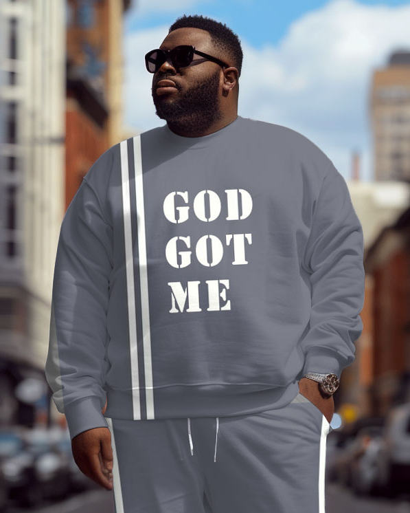 Men's Plus Size Casual Simple God Get Me Letter Print Sweatshirt Two-Piece Set