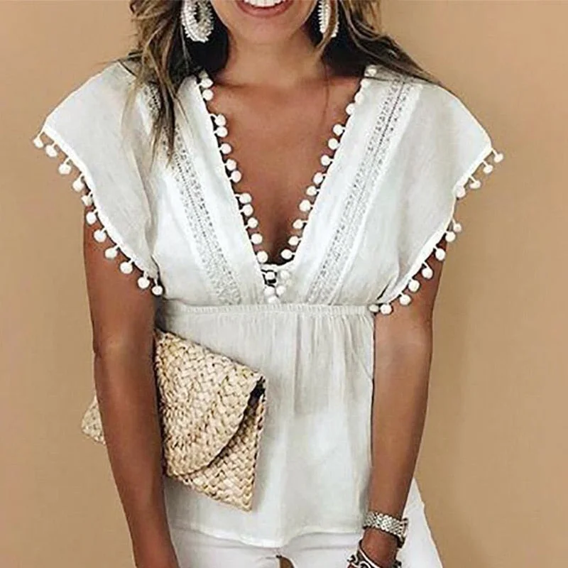 Abebey Summer V-Neck Patchwork Tunic Women Blouse Solid Short Sleeve Hollow Out Loose Casual Ladies Blouses Fashion Female Tops