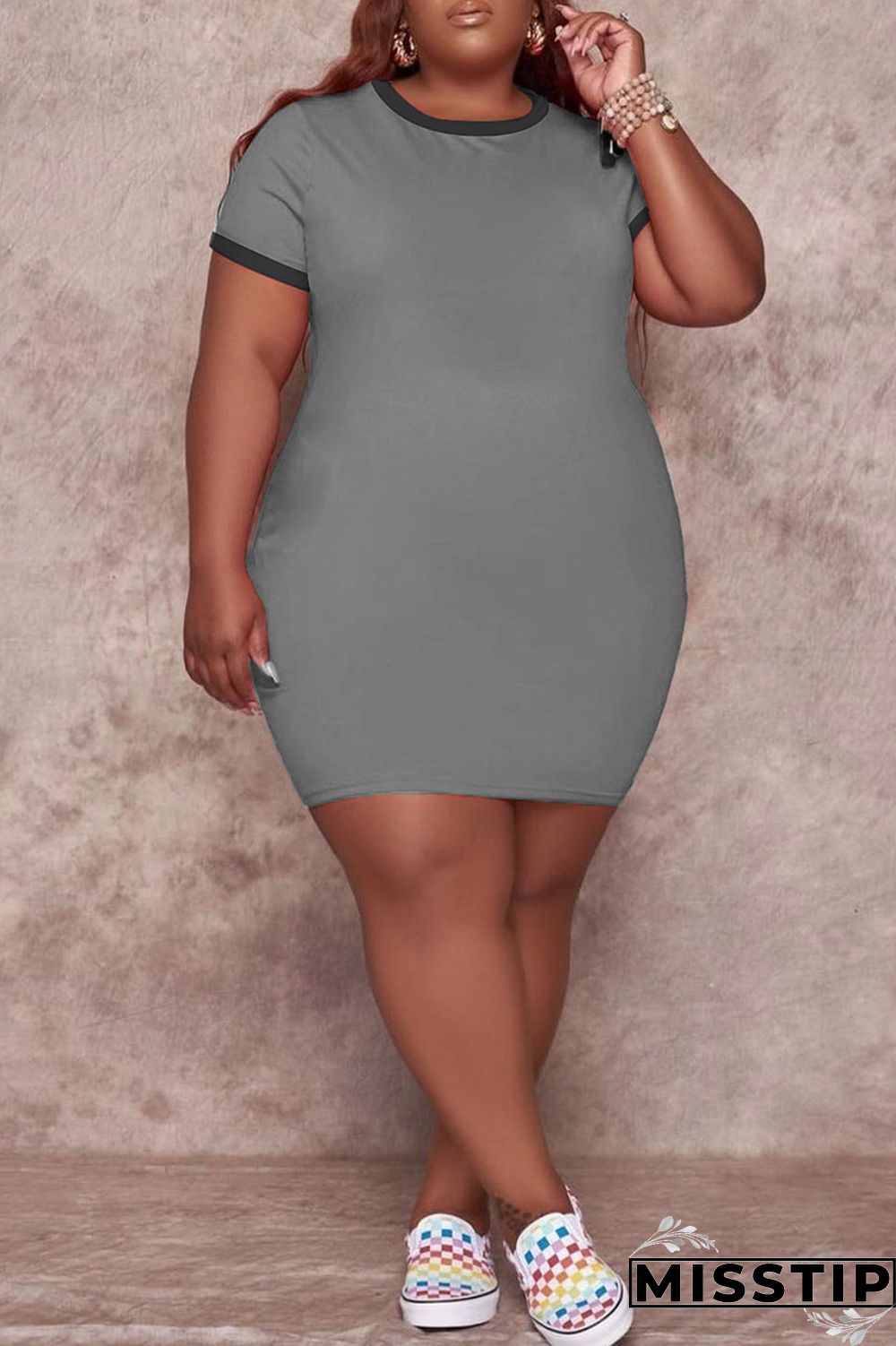 Grey Casual Solid Patchwork O Neck Straight Plus Size Dresses