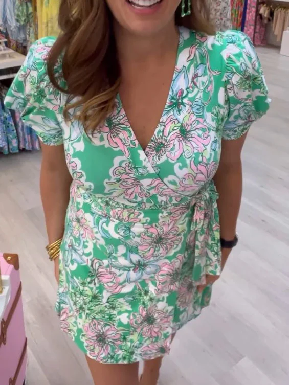 Puff Green Floral Romper Dress (With Shorts Separate)