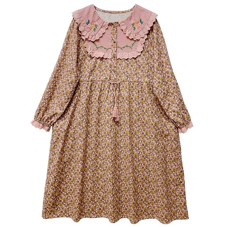 Queenfunky cottagecore style Embroidered Floral Dress With Drawstring QueenFunky