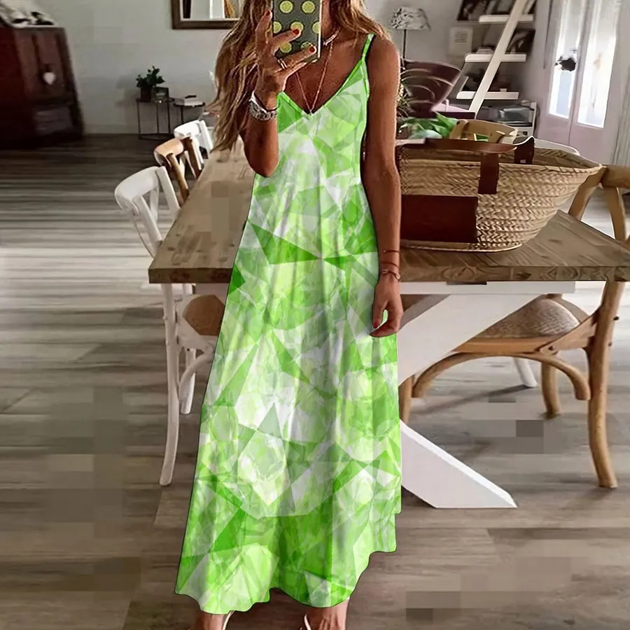 Cool Lime Green White Polygon Mosaic Art Women's Casual Strappy V Neck Sleeveless Flowy Loose Long Maxi Beach Dress Sundress Lime Green-L