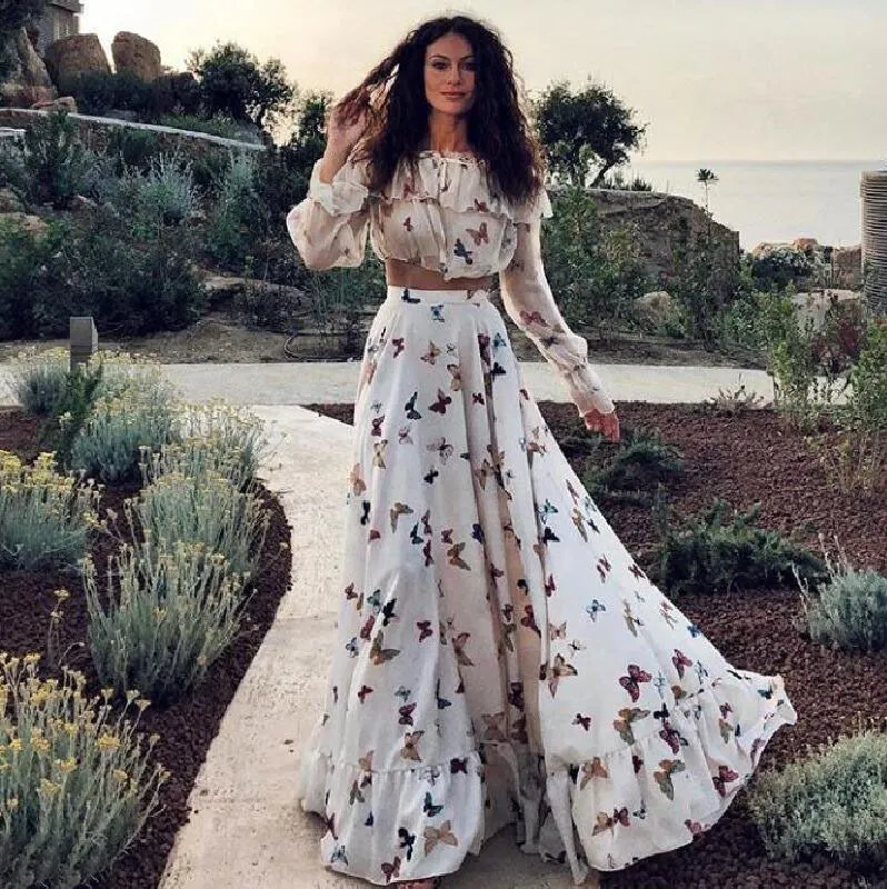Brownm Brownm Net Red Butterfly Print Two Sets Of Bohemian Large Dress Long Dress Beach Dress