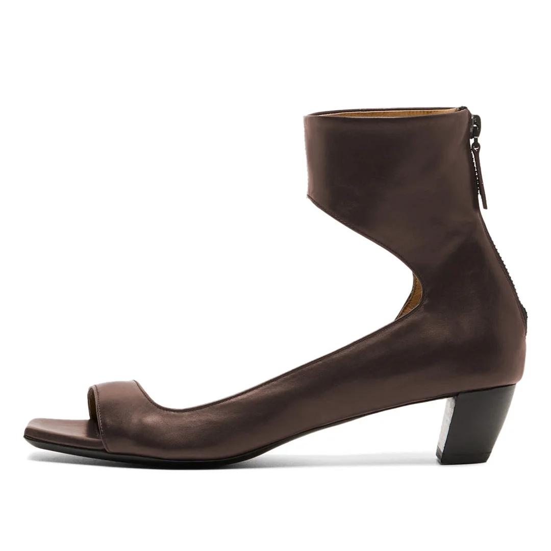 Brown Open Square Toe Strappy Women's Heel Sandals with Zipper