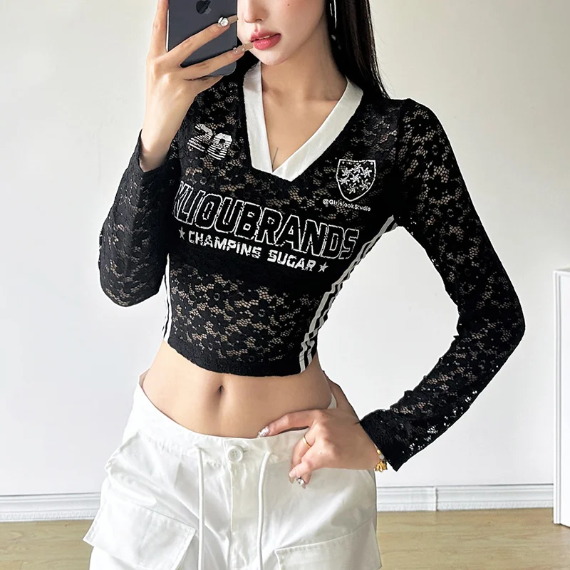 Churchf New Women's Vintage Letters High Waist Perspective V-Necked T-Shirt In Fall 2024