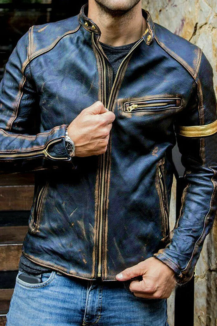 Deep Blue Casual Solid Split Joint Zipper Mandarin Collar Outerwear