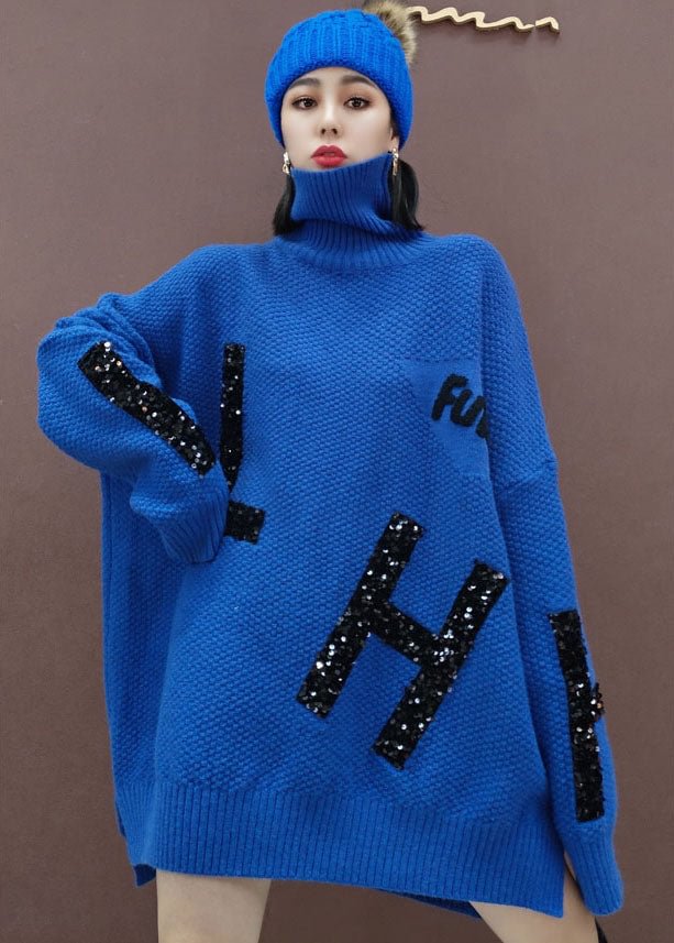 Blue low high design Knitwear Dress Sequins Winter CK327- Fabulory