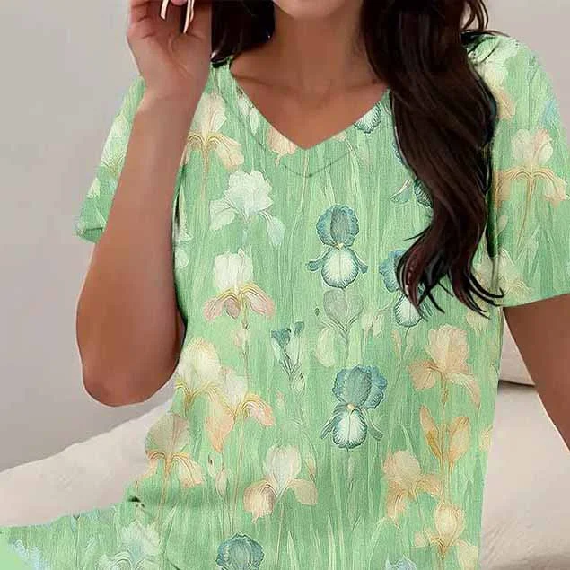 Women Floral, Green, Yellow DZCJ0591 Short Sleeve Tops and Shorts Plus Size