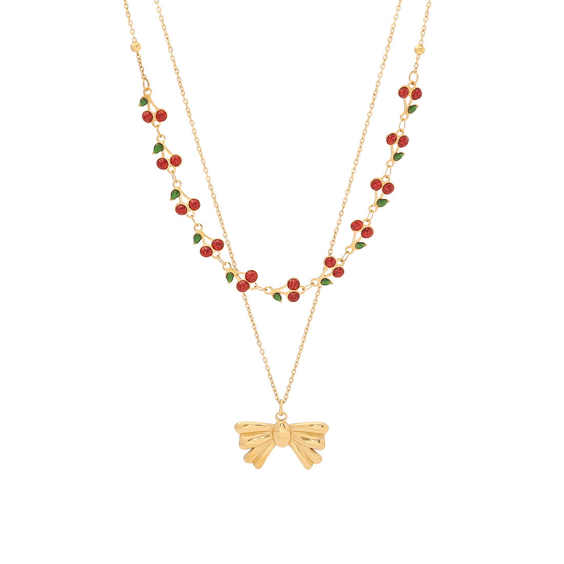 Cute Cherry Pendant Necklace Fashion Stainless Steel Double Chain N1468