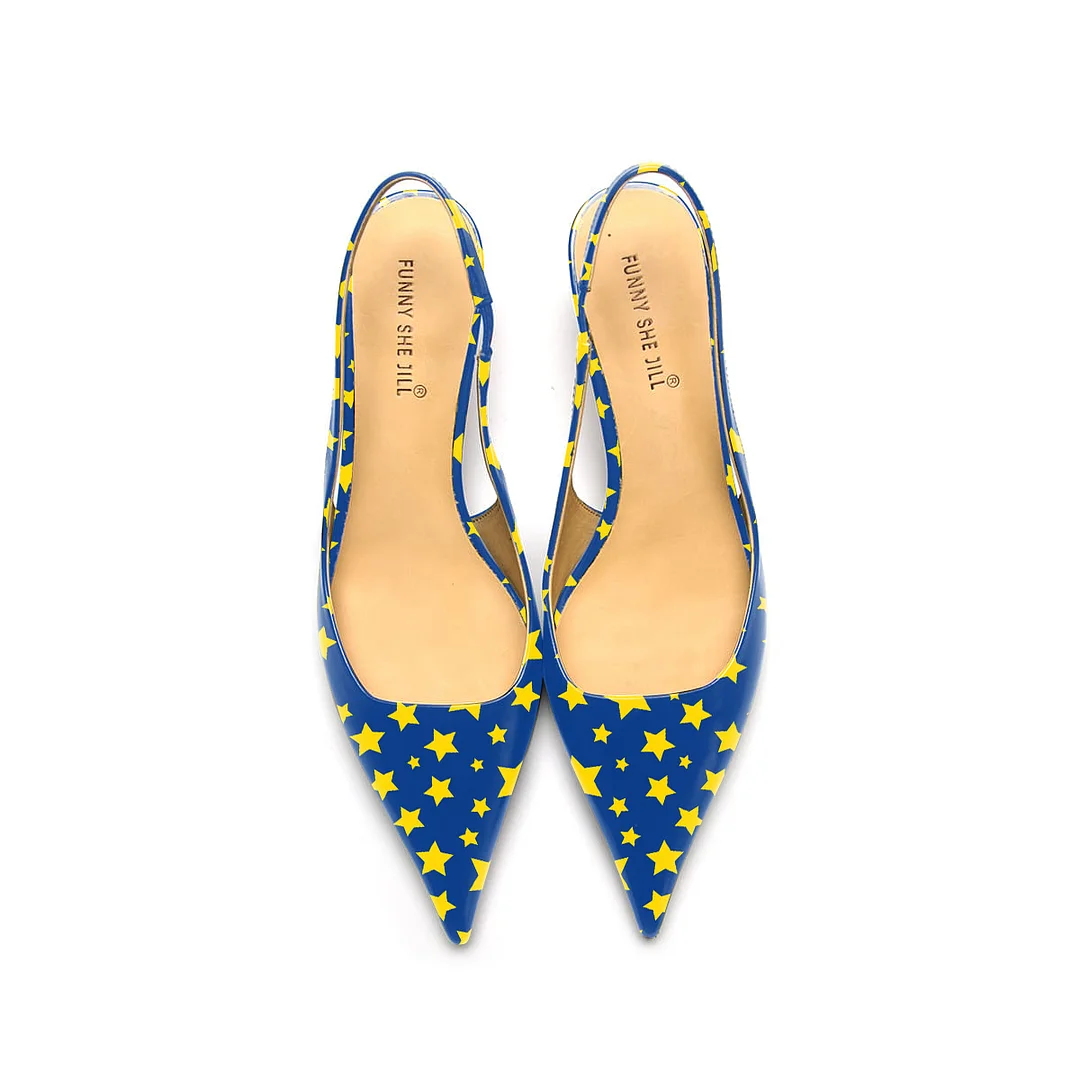 Yellow Star Pattern Patent Leather Pointed Toe Elegant Kitten Heel Slingback Dress Pump Shoes Nicepairs