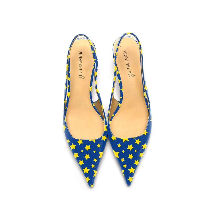 Yellow Patent Leather Star Pattern Slingback Kitten Heels |FSJ Shoes