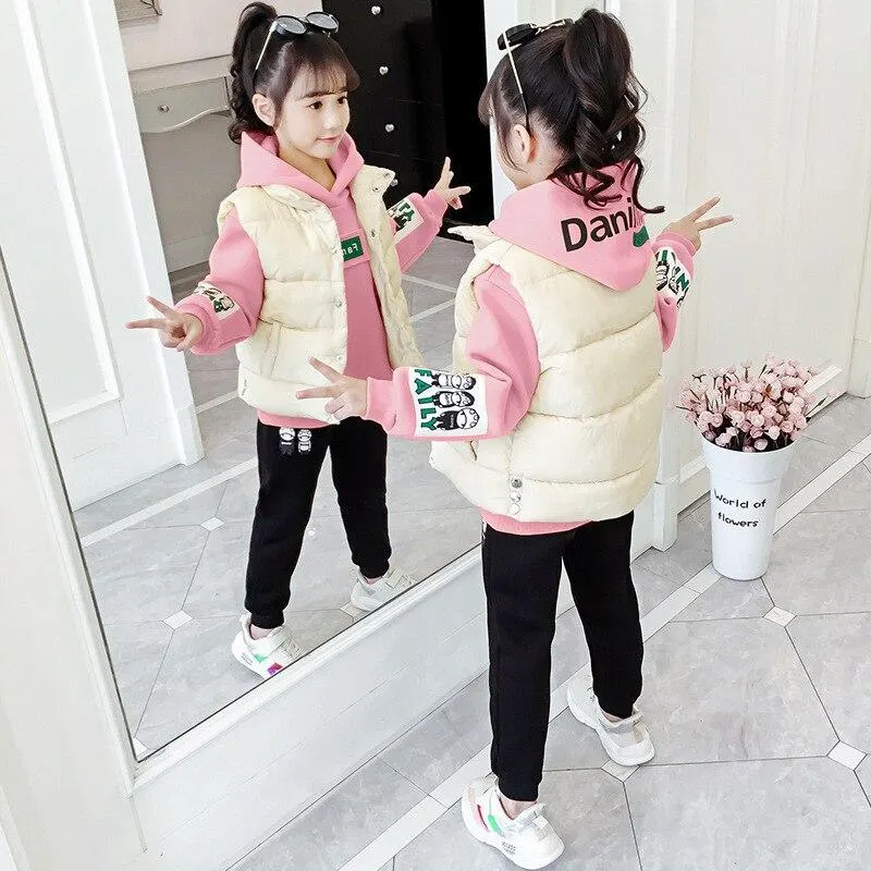 Quality 3PCS Set Warm Winter Spring Autumn Sweater Pants Vest Sets Kids Girl Suits Sports Plus Velvet Outfits Toddler Children