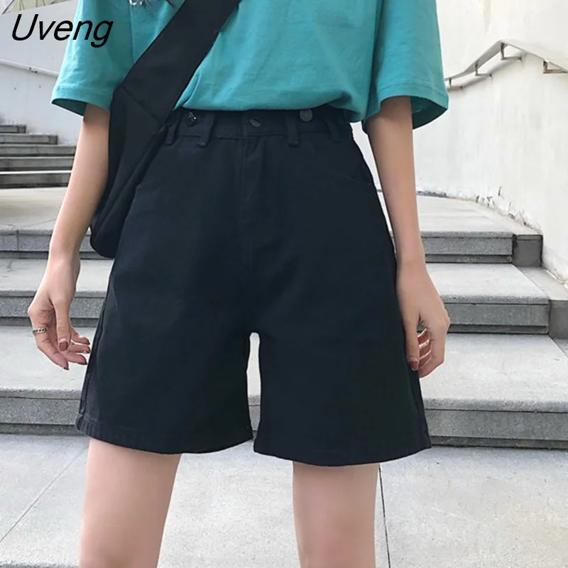 Uveng Women Shorts Denim Knee Length Stylish Minimalism Casual Loose All-match Students Harajuku Simplicity Mujer Empire Waist Retro
