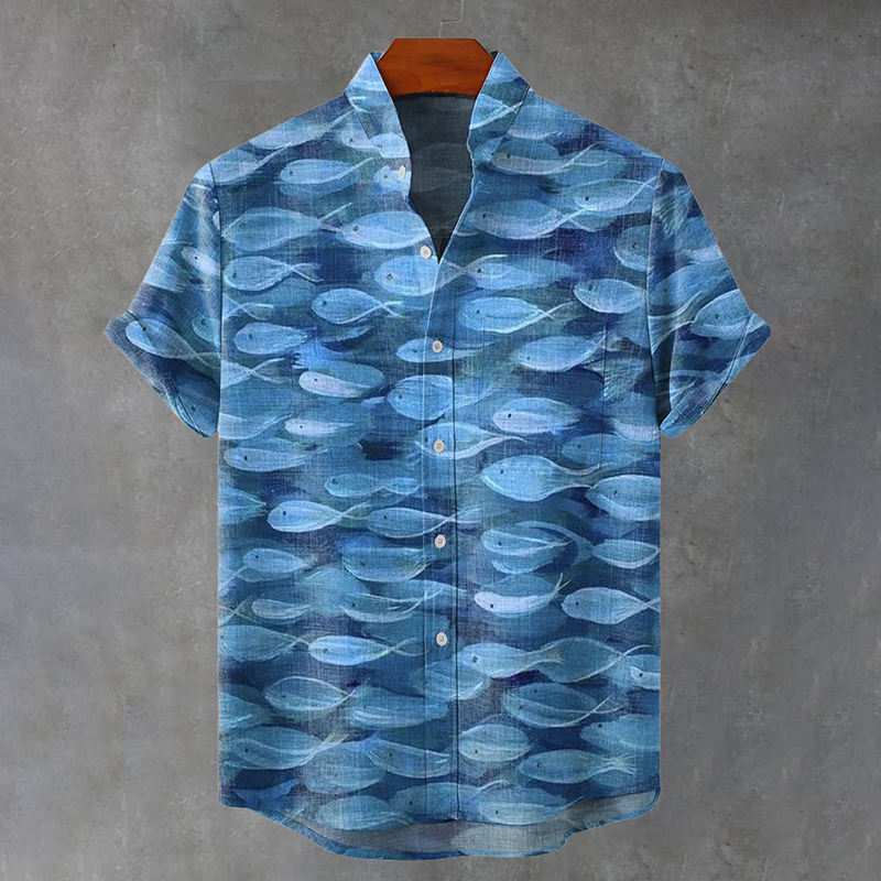Japanese-style Ocean Pattern Art Print Casual Shirt  artssus