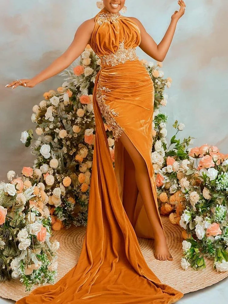 Stylish Round-Neck Embroidered Empire Split-Side Orange Evening Maxi Dress