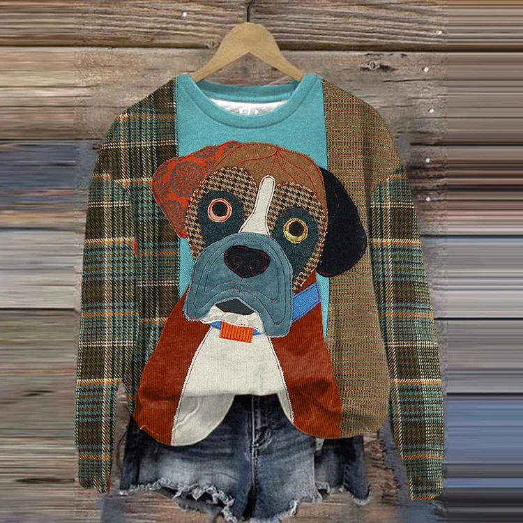 Comstylish Women's Plaid Puppy Print Sweatshirt