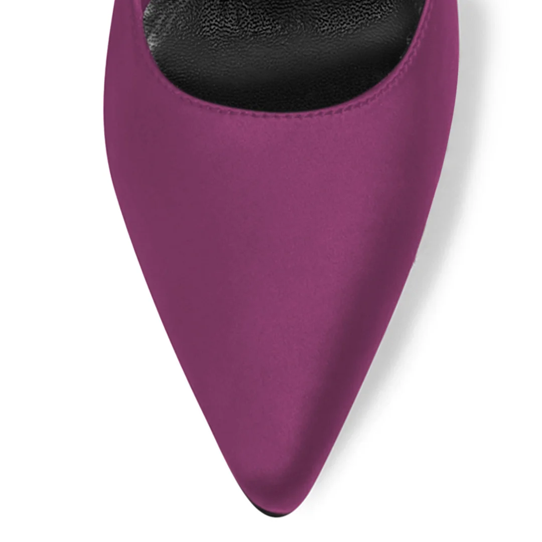 Purple Satin Pearl Bow Pointed Toe Pumps Shoes with Flared Heel