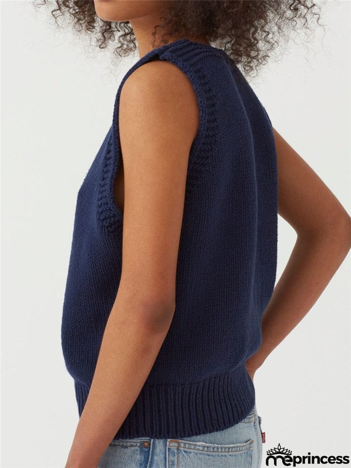 Relaxed Fit Fine Knit V Neck Ribbed Detailing Solid Color Sleeveless Sweater Vest