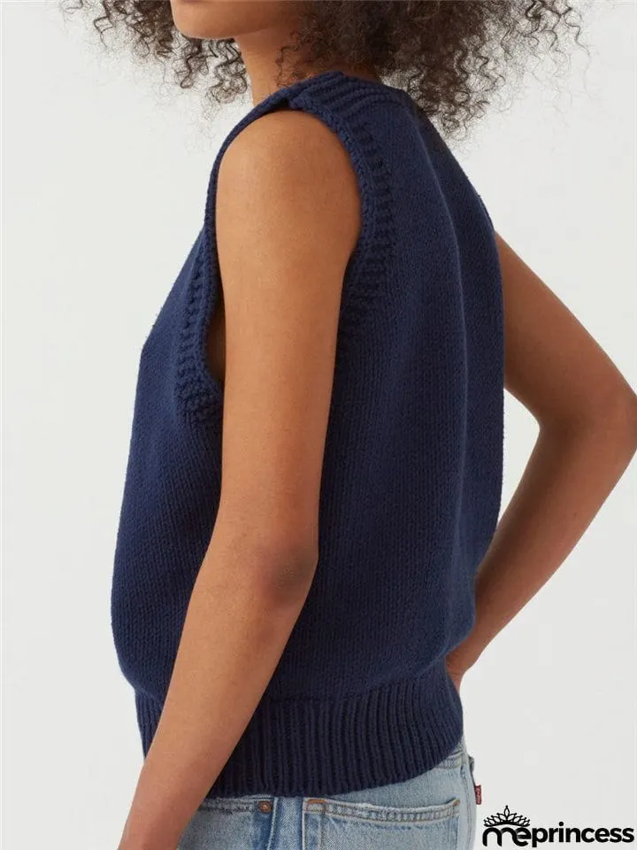 Relaxed Fit Fine Knit V Neck Ribbed Detailing Solid Color Sleeveless Sweater Vest