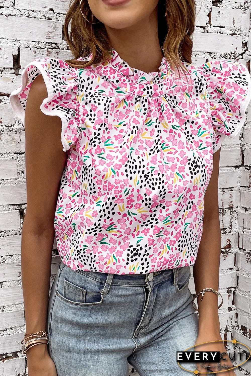 Pink Multicolor Abstract Print High Neck Flutter Sleeves Top