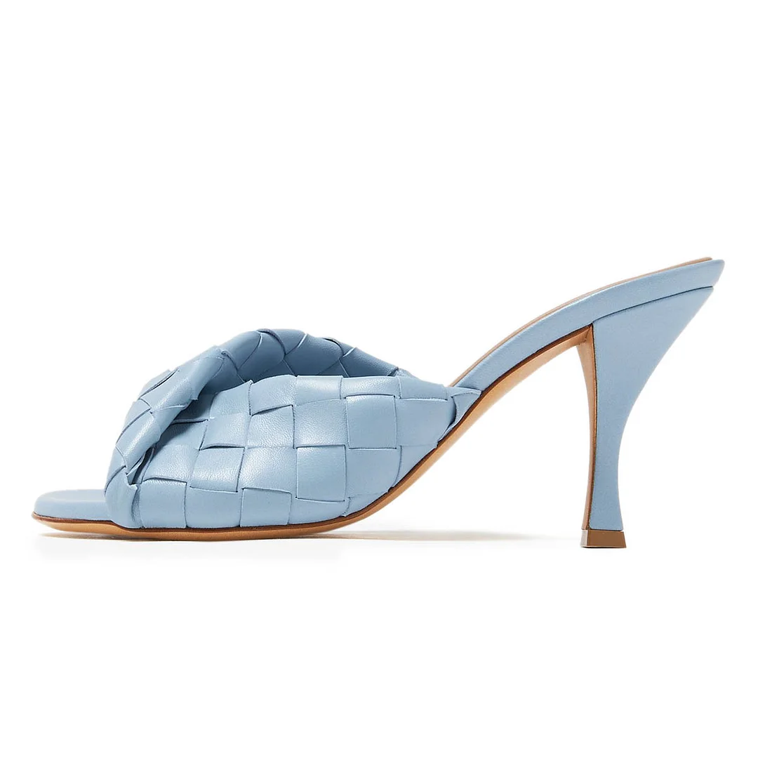 YDN Women's Sky Blue Open Toe Woven Strappy Spool Heel Mules Shoes
