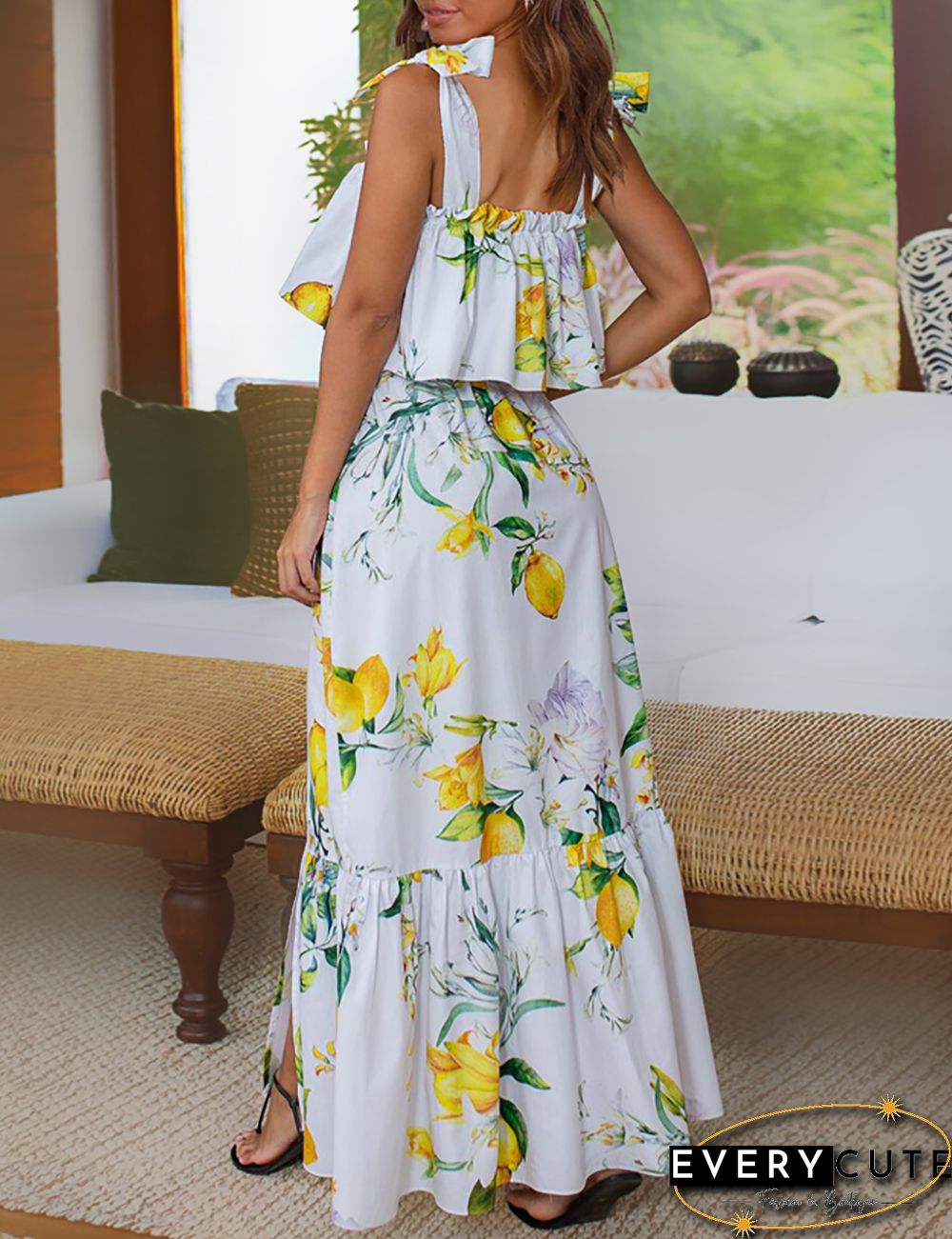 White Floral Print Ruffled Split Maxi Dress