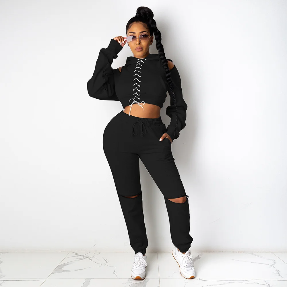 Cross Bandage Hooded Crop Top Hole Pants Outfits