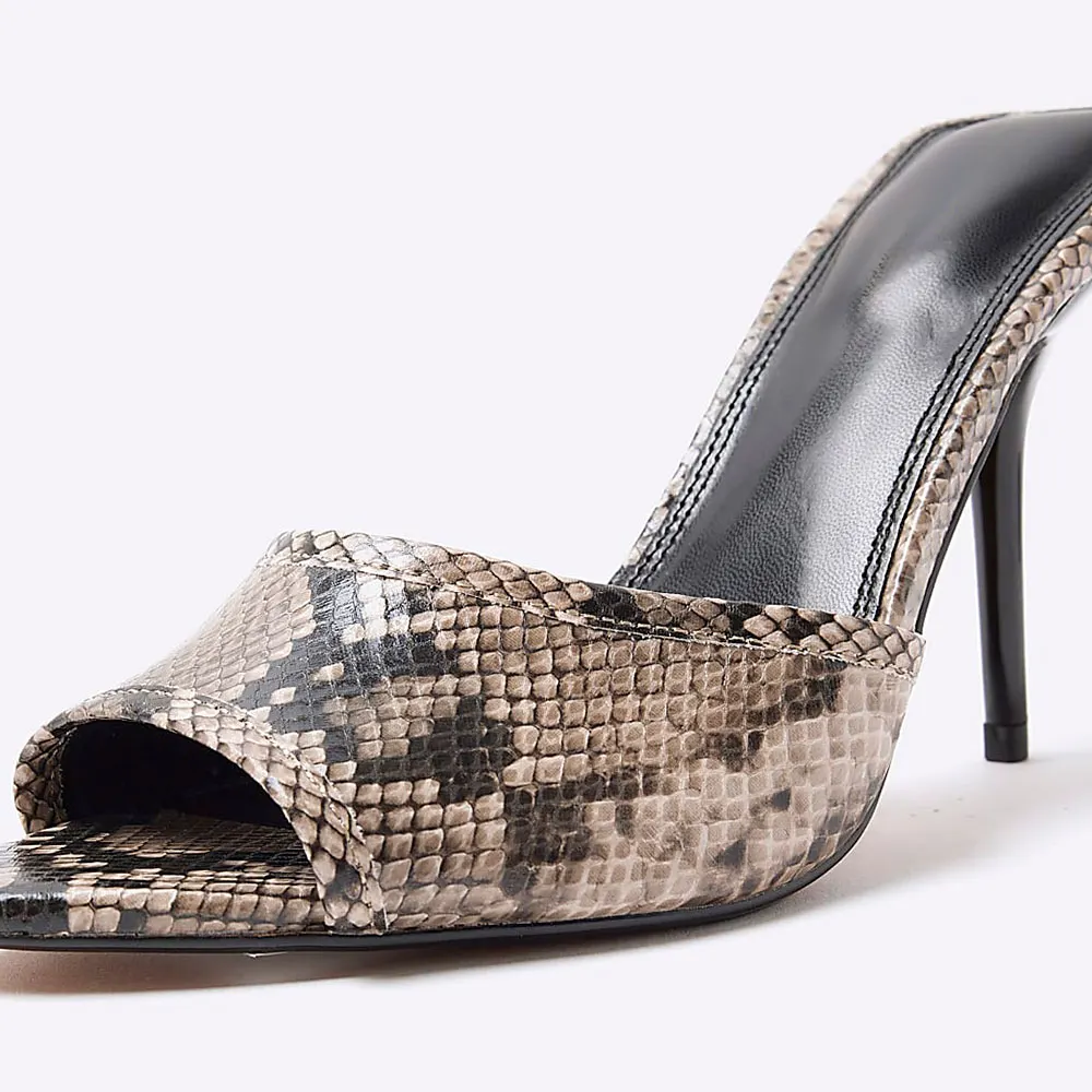 Chic Snakeskin Print Open Toe Stiletto Heel Slide Sandals Women