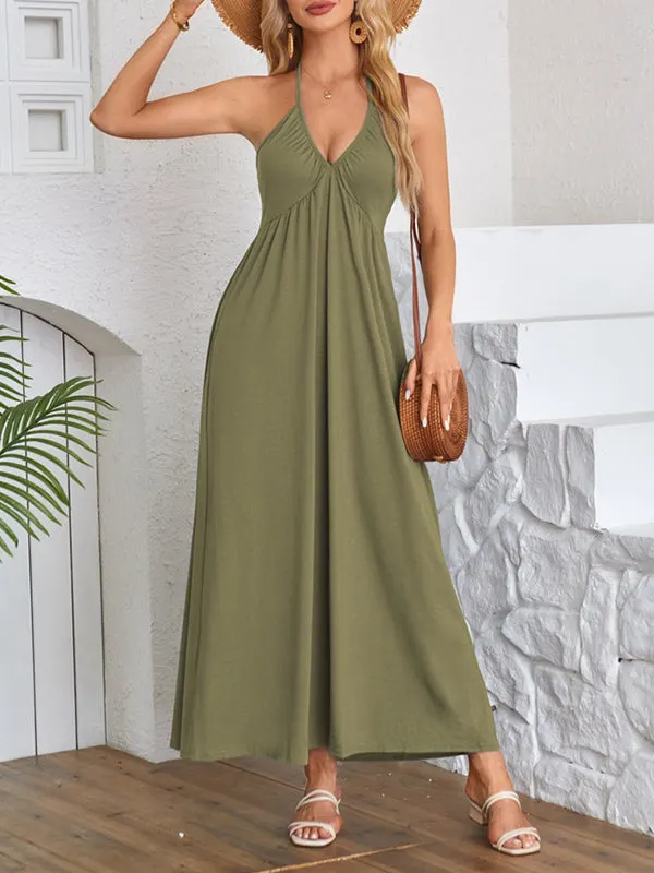 A-Line Loose Pleated Solid Color Split-Joint Deep V-Neck Maxi Dresses