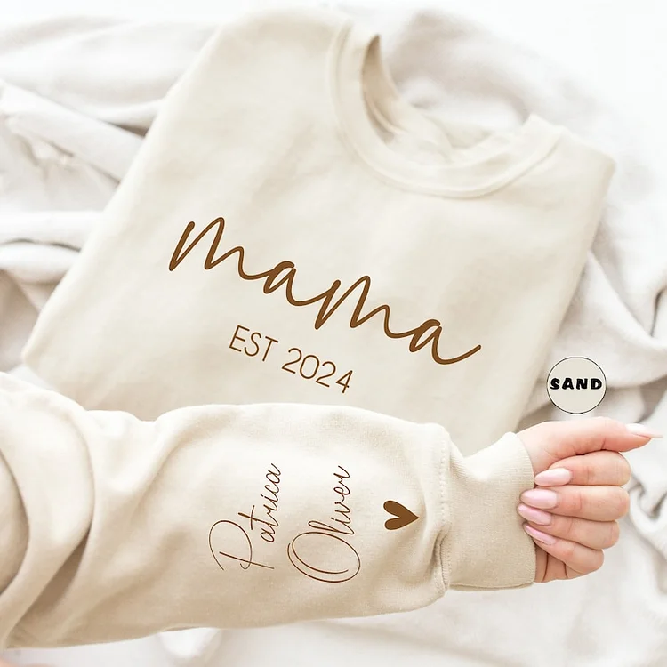 Personalized Mama Sweatshirt With Kids Names Sleeve, Est Date Mom Outfit, Custom Momma Hoodie, Gift For Mother, Names On Sleeve With Heart