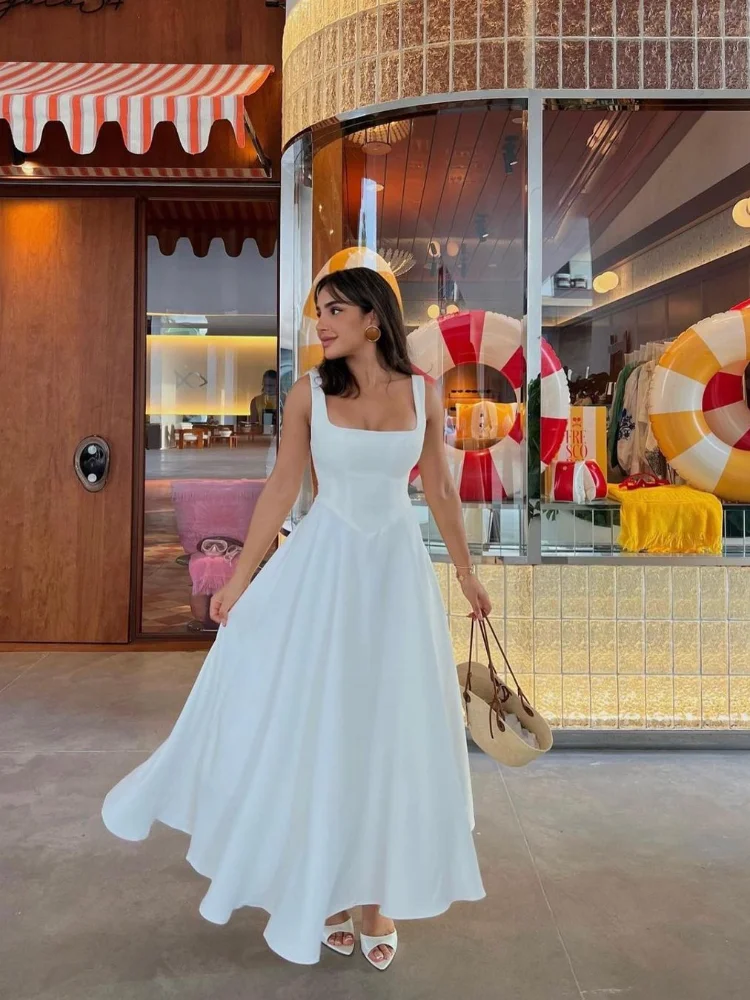 Women's Fashion Elegant White High Waist Square Neck Sleeveless A-line Midi Dress