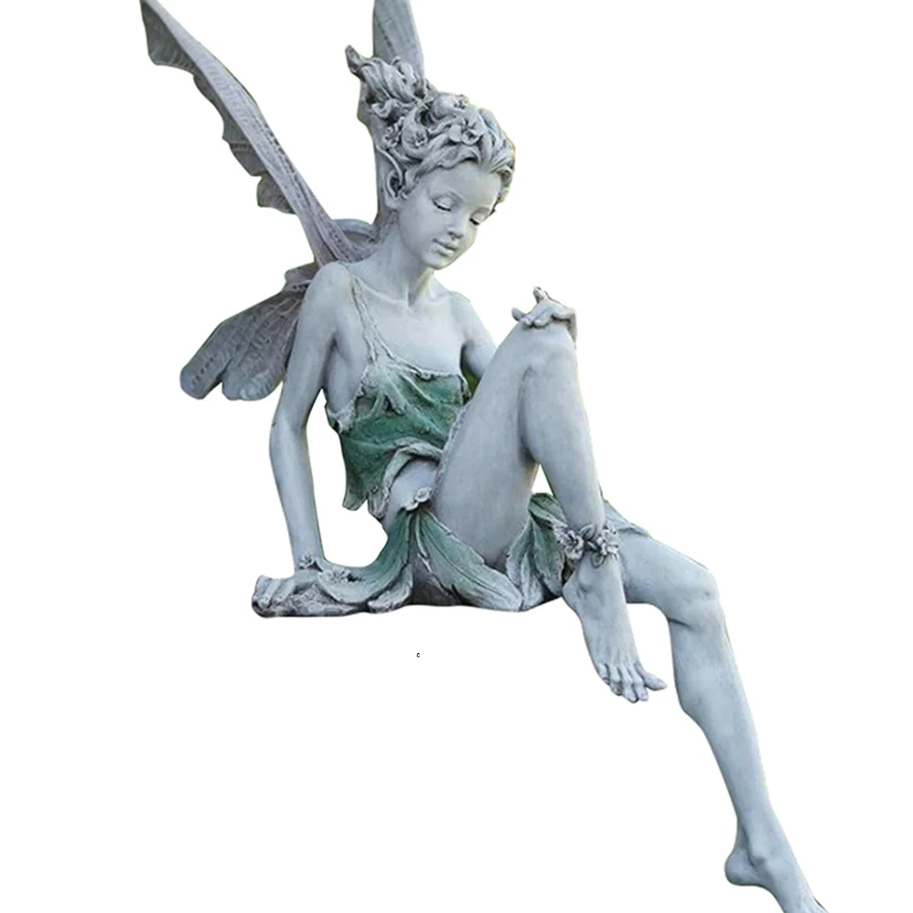 Flower Fairy Sculpture Yard Landscaping Resin Turek Sitting Statue (White)