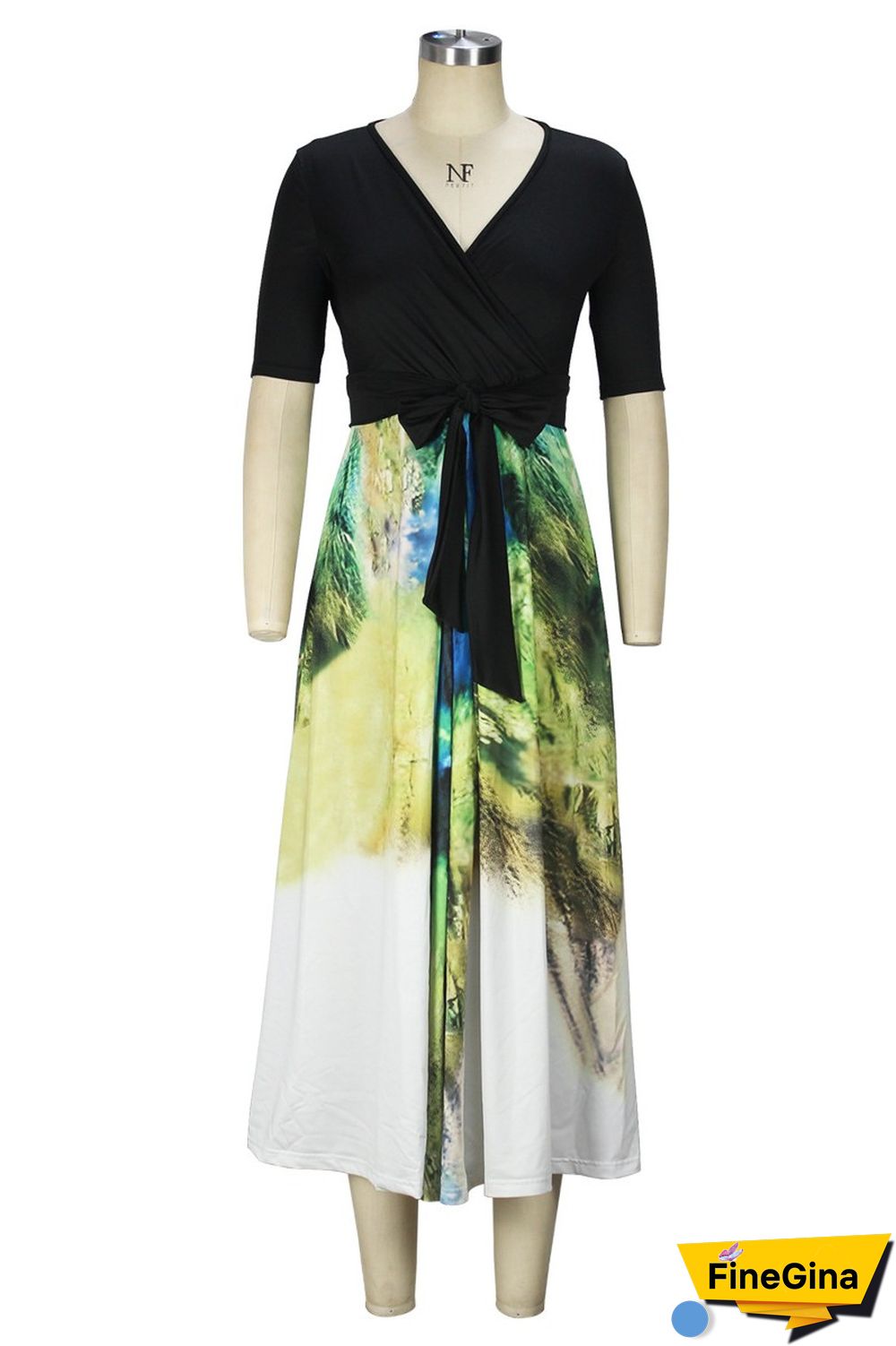 Colour Casual Print Patchwork V Neck Long Dress Dresses