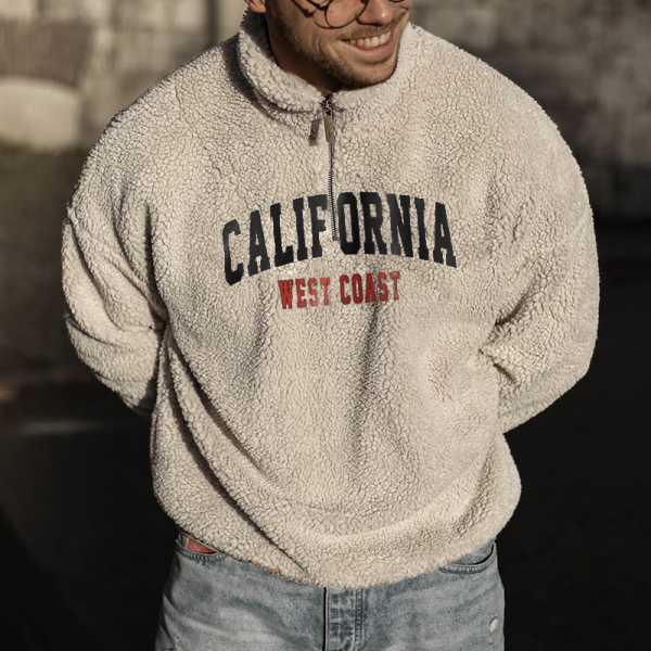 Men's CALIFORNIA Embroidered Polo Neck Sherpa Sweatshirt