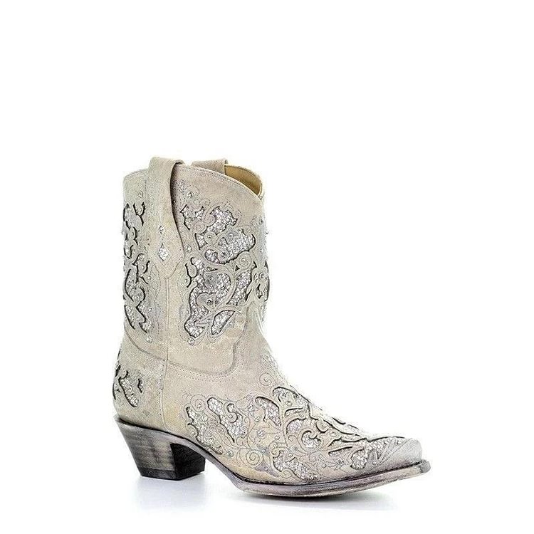 White Glitter Inlay & Crystals Ankle Cowgirl Boots -boots