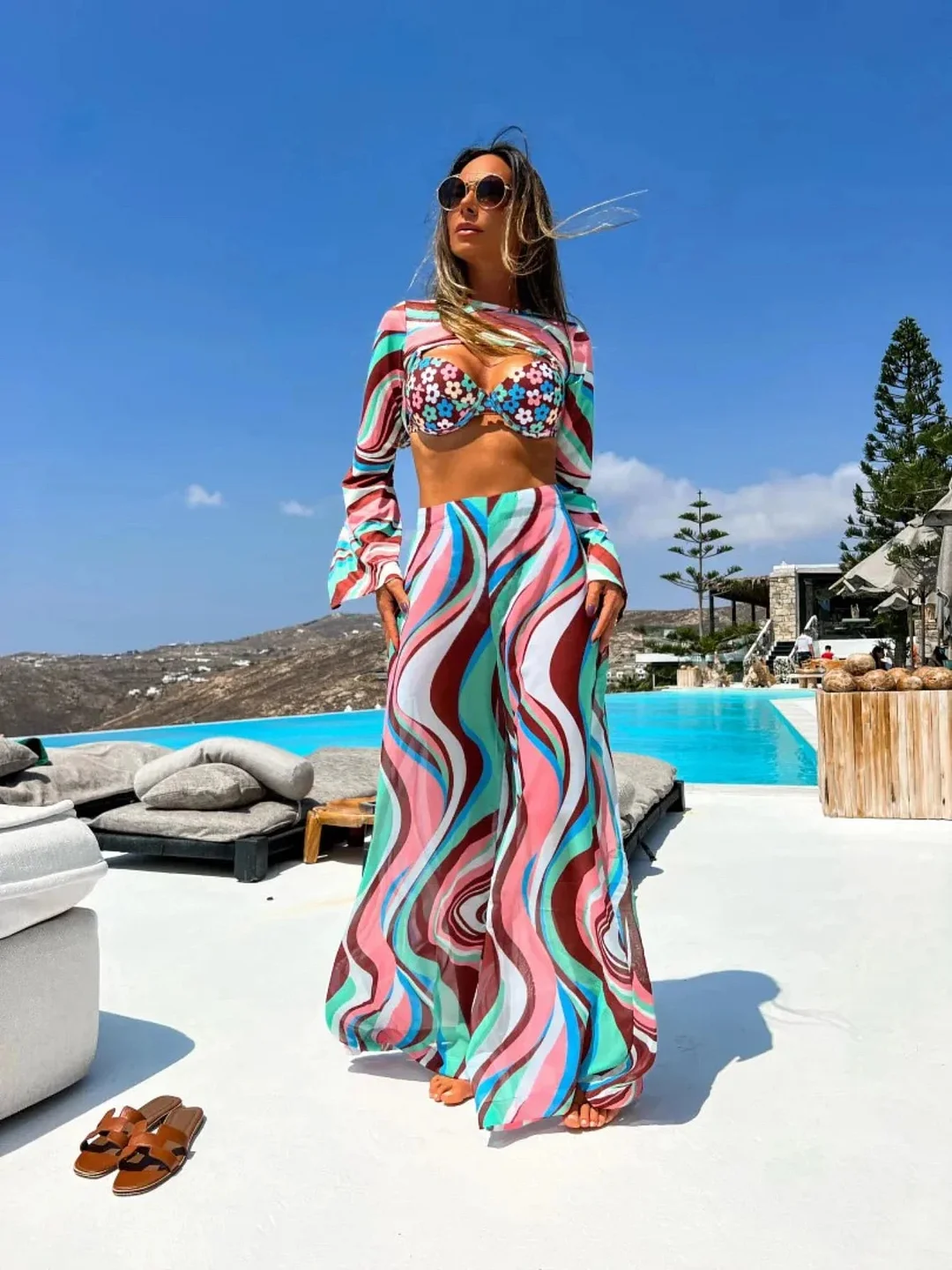 Huiketi Jumpsuits Cover-up Sexy Print Flirty Romper Cover Up Summer Women Pant Set Pants Suit Beach Vacation Female Clothing