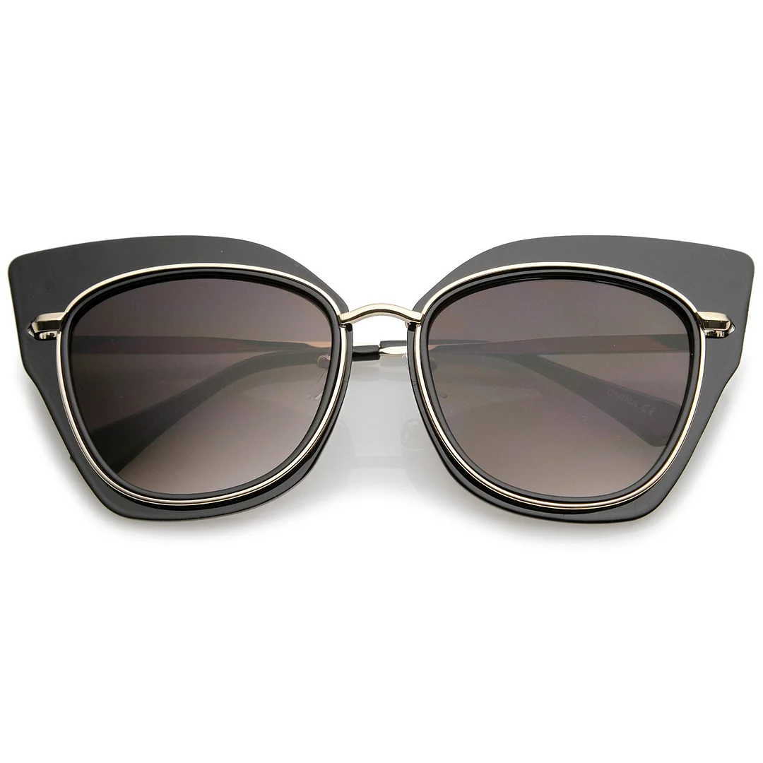 Women's Oversize Metal Trim Slim Arms Super Flat Lens Cat Eye glasses 57mm