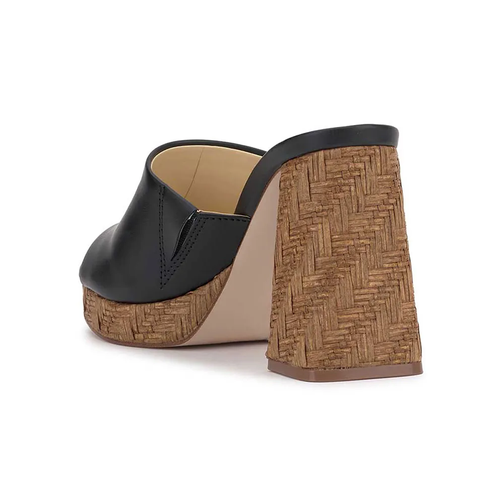 Women's Open Round Toe Woven Block Heel Black Platform Sandals
