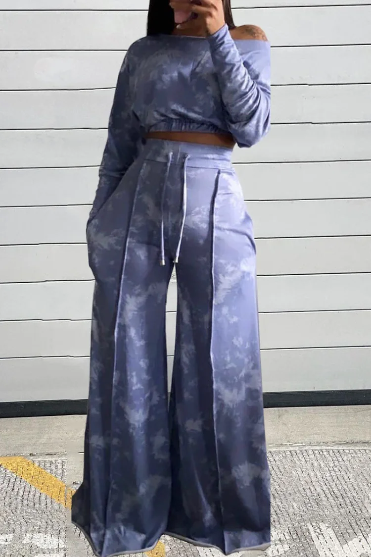 Casual Print Tie-dye Off the Shoulder Long Sleeve Two Pieces