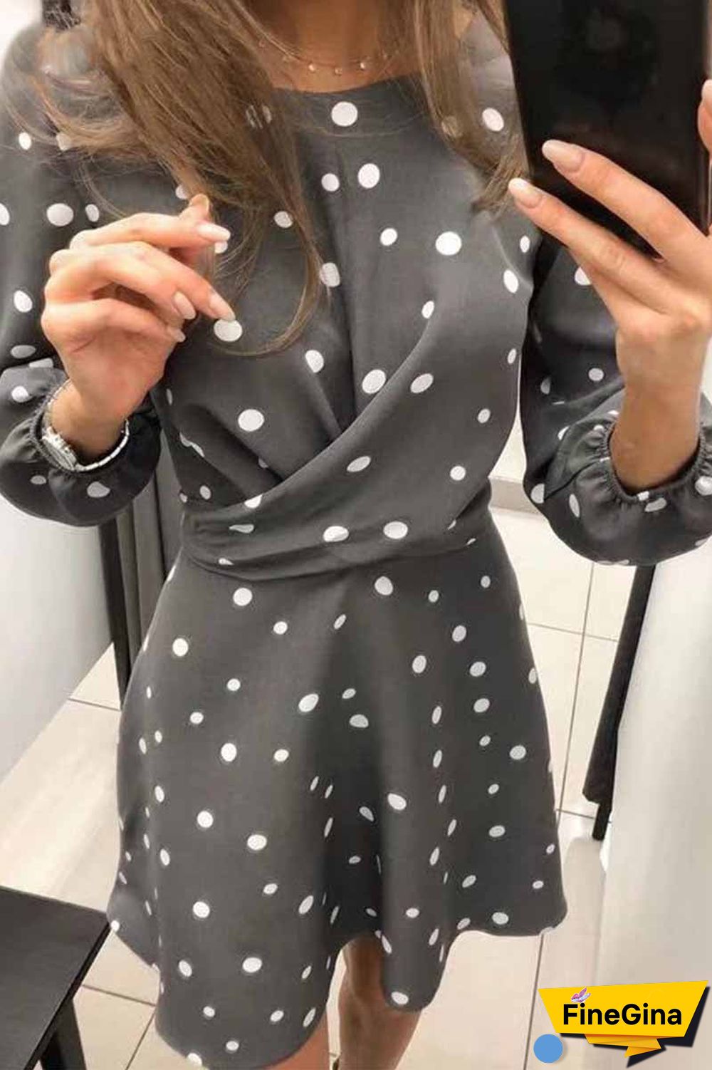 Loose Round Neck Long Sleeve Polka Dot Mini Dress