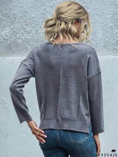 Pocketed V-Neck Dropped Shoulder Sweater