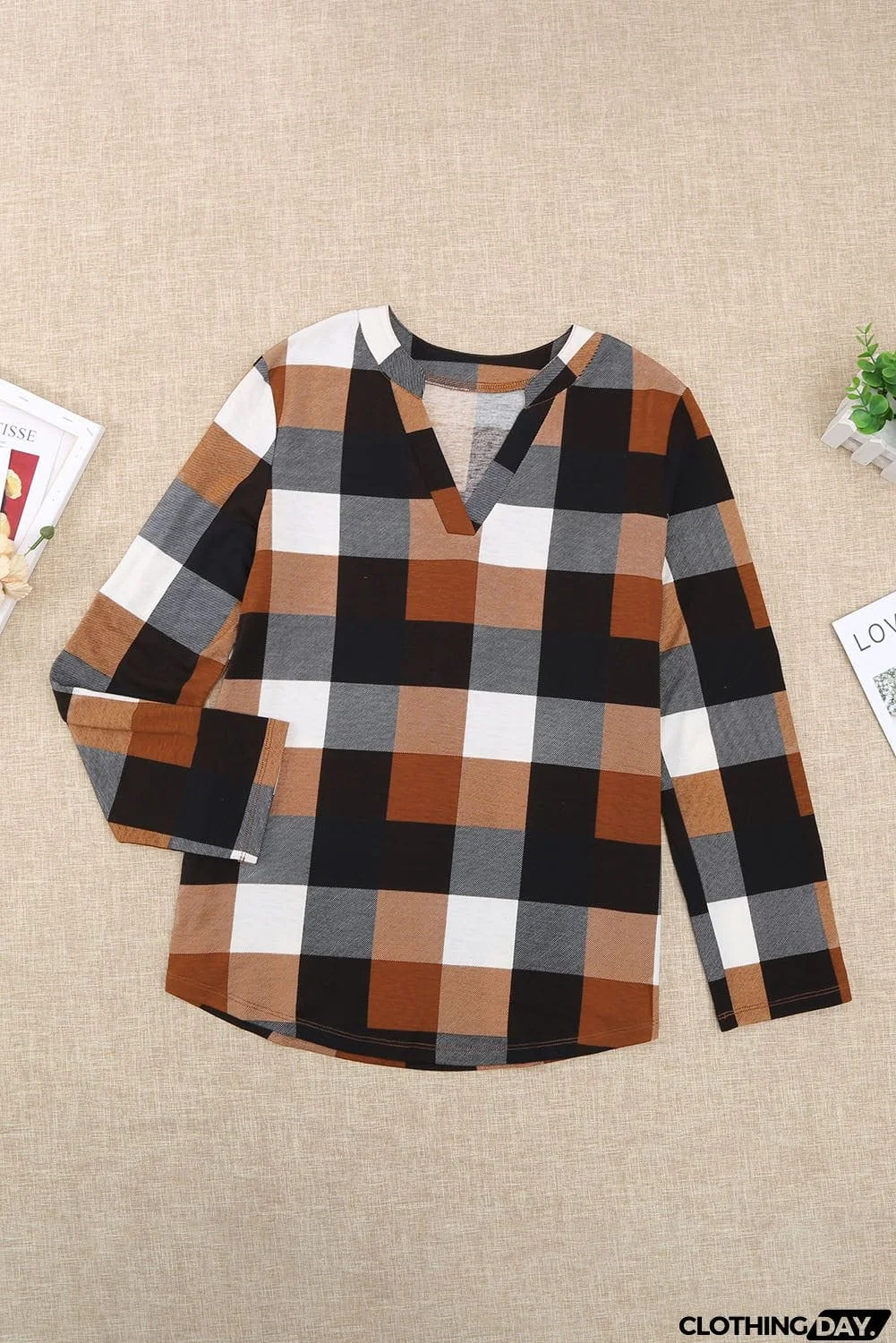 Contrast Plaid V Neck Long Sleeve Top